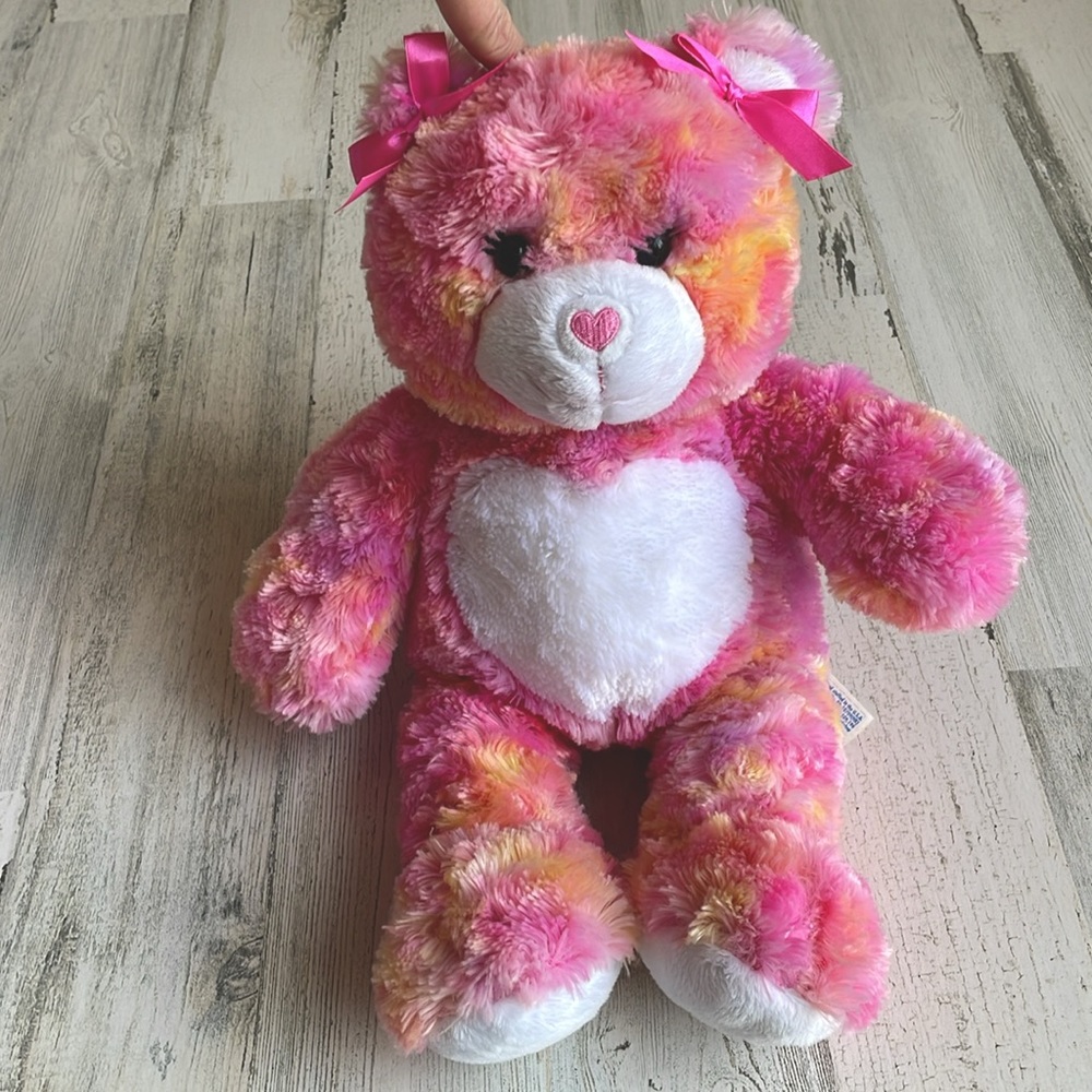 BUILD A BEAR TIE DYE BEAR PINK ORANGE HEART BELLY AND NOSE EUC…